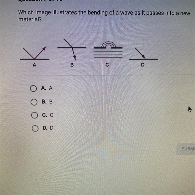 Which image illustrates the bending of a wave as it passes into a new Material? A-example-1