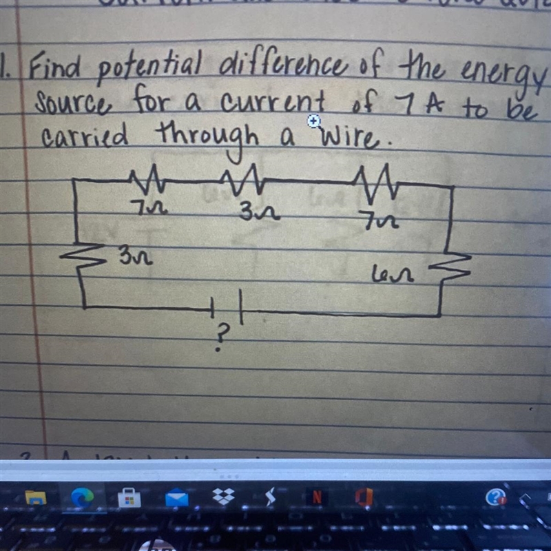 1. Find potential difference of the energy source for a current of 7 A to be carried-example-1