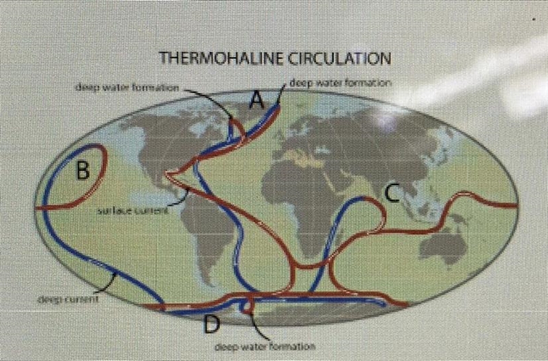 Which location on the map above is a source of North Atlantic deep water? A B C D-example-1