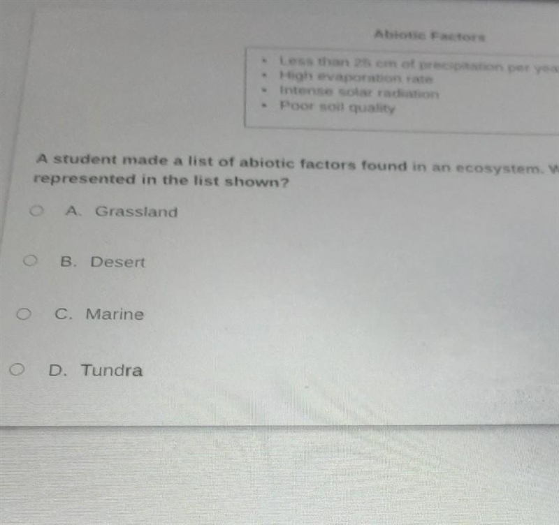 A student made a list of abiotic factors found in an ecosystem which biome is most-example-1