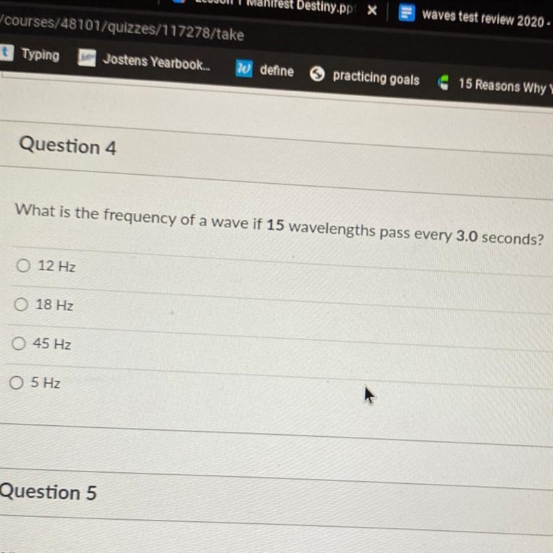 What is the frequency of a wave of 15 wavelengths pass every 3.0 seconds?-example-1