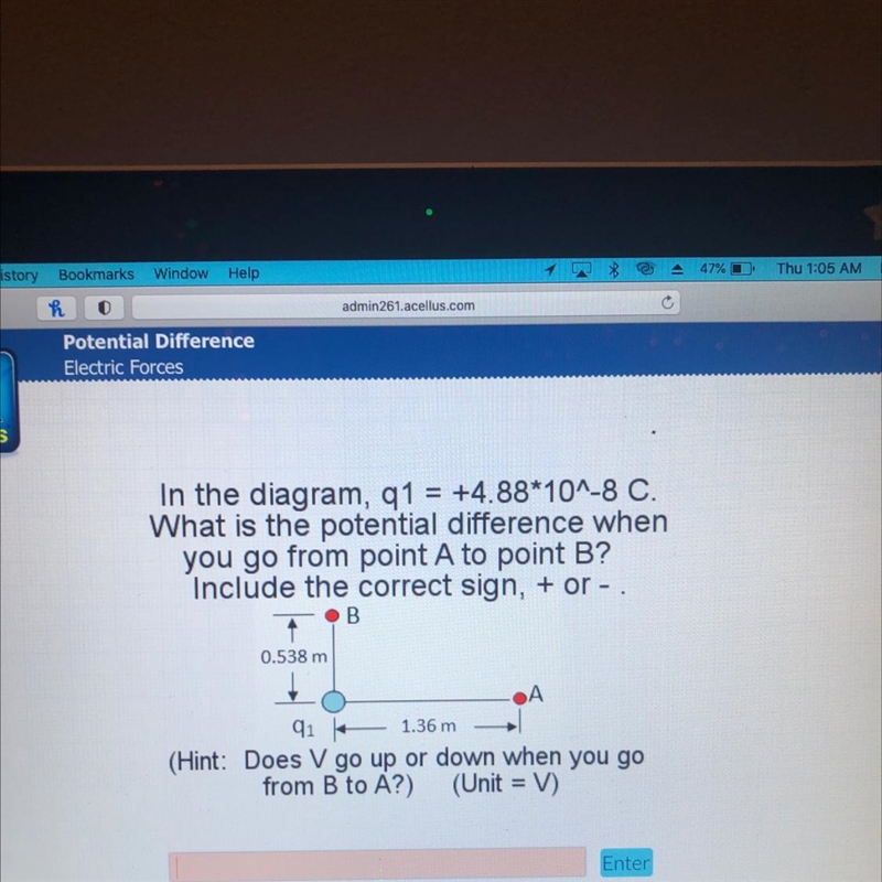 In the diagram, q1 = +4.88*10^-8 C. What is the potential difference when you go from-example-1