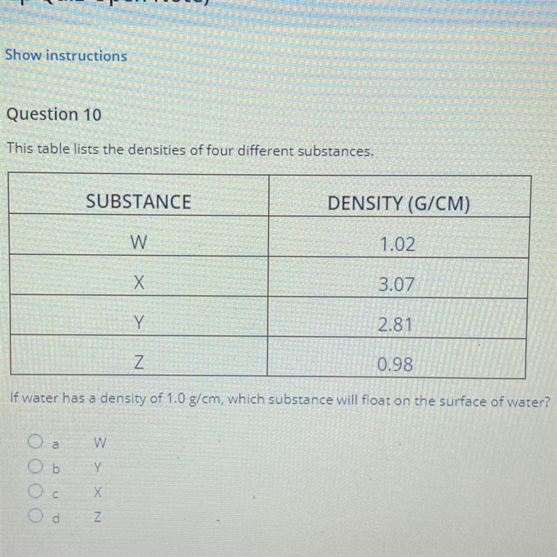 This table lists the densities of four different substances. SUBSTANCE DENSITY (G-example-1