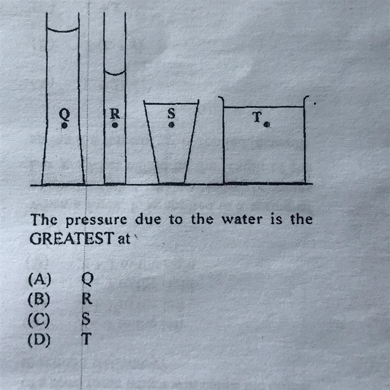 R S T. The pressure due to the water is the GREATEST at (A) (B) (C) (D) Q R S T-example-1