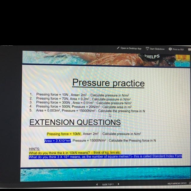 1. Pressing force = 10N , Area= 2m2 : Calculate pressure in N/m2 2. Pressing force-example-1