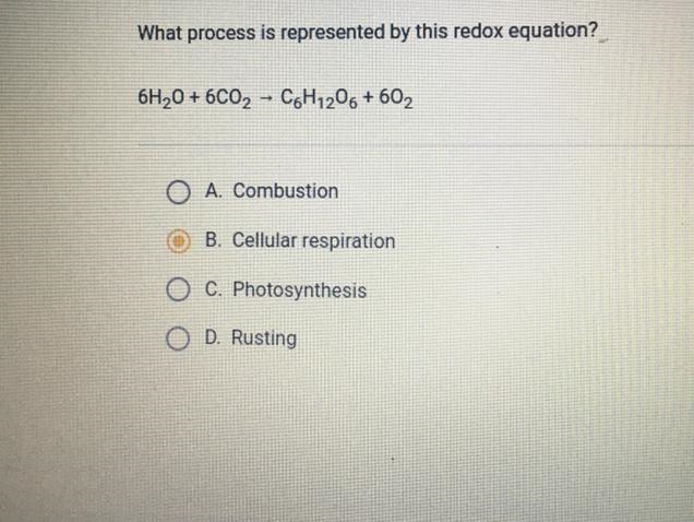 What process is represented by this redox equation ? 6H 2 O+6CO 2 C 6 H 12 O 6 +6O-example-1