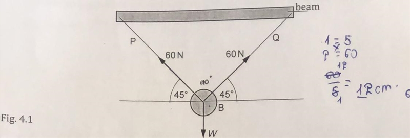 8. Fig. 4.1 shows a heavy ball B of weight W suspended from a fixed beam by two ropes-example-1