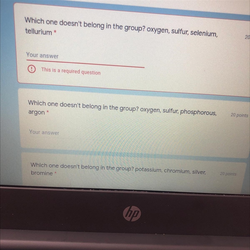 Which one doesn't belong in the group? oxygen, sulfur, selenium, tellurium * Your-example-1