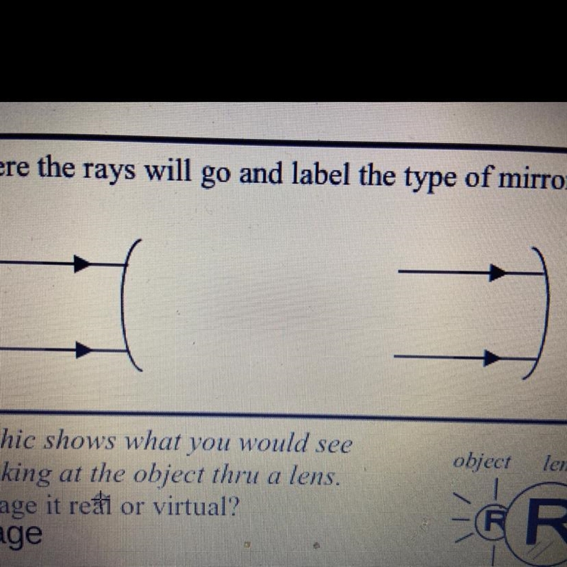 Please help Draw where the rays will go and label the type of mirror.-example-1