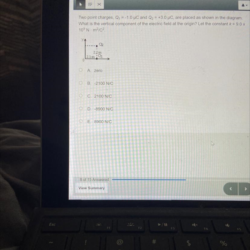 Two point charges, Q1 = -1.0 PC and Q2 = +3.0 PC, are placed as shown in the diagram-example-1