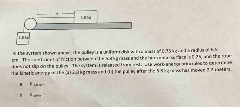 The pulley is a uniform disk with a mass of 0.75 kg and a radius of 6.5 on between-example-1