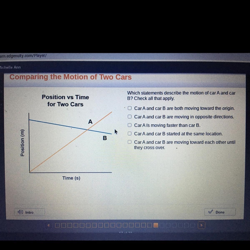 Comparing the Motion of Two Cars Position vs Time for Two Cars D Which statements-example-1