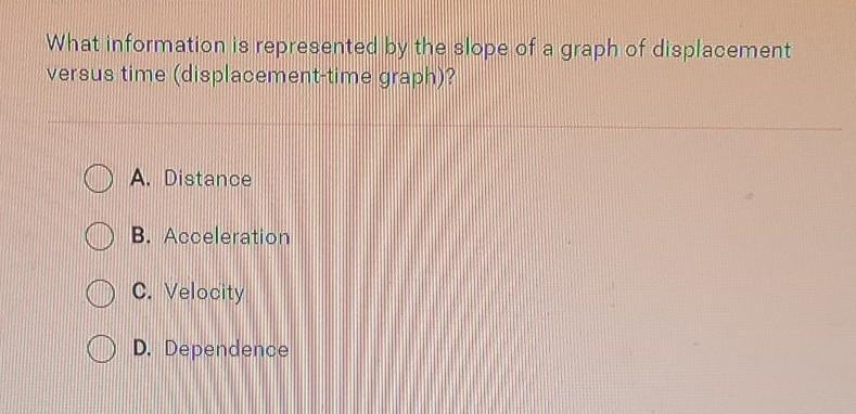 What information is represented by the slope of a graph of displacement versus time-example-1