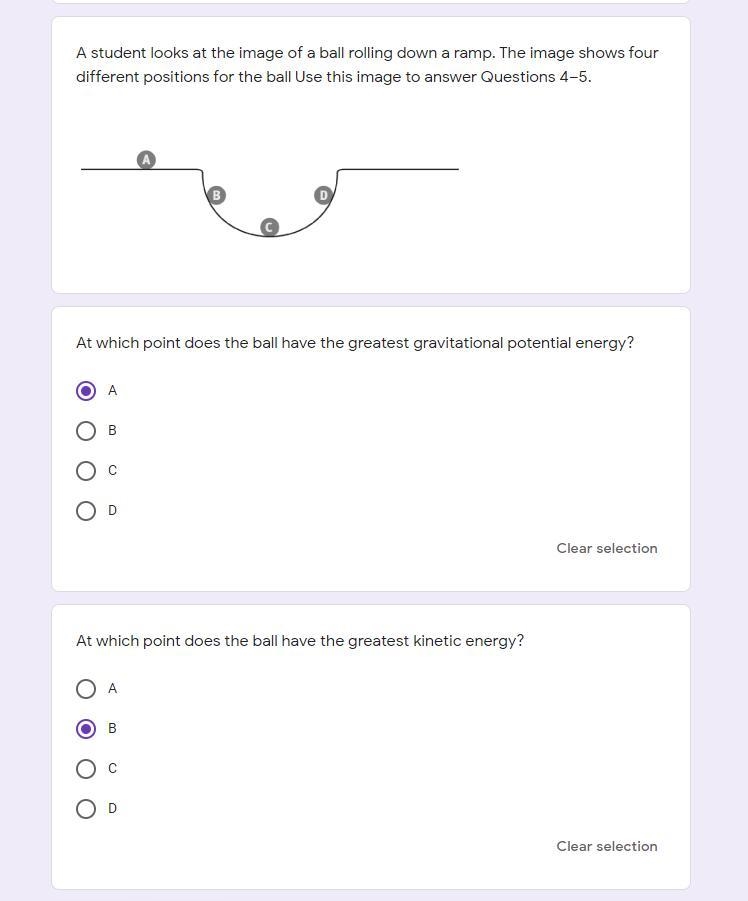 A student looks at the image of a ball rolling down a ramp. The image shows four different-example-1