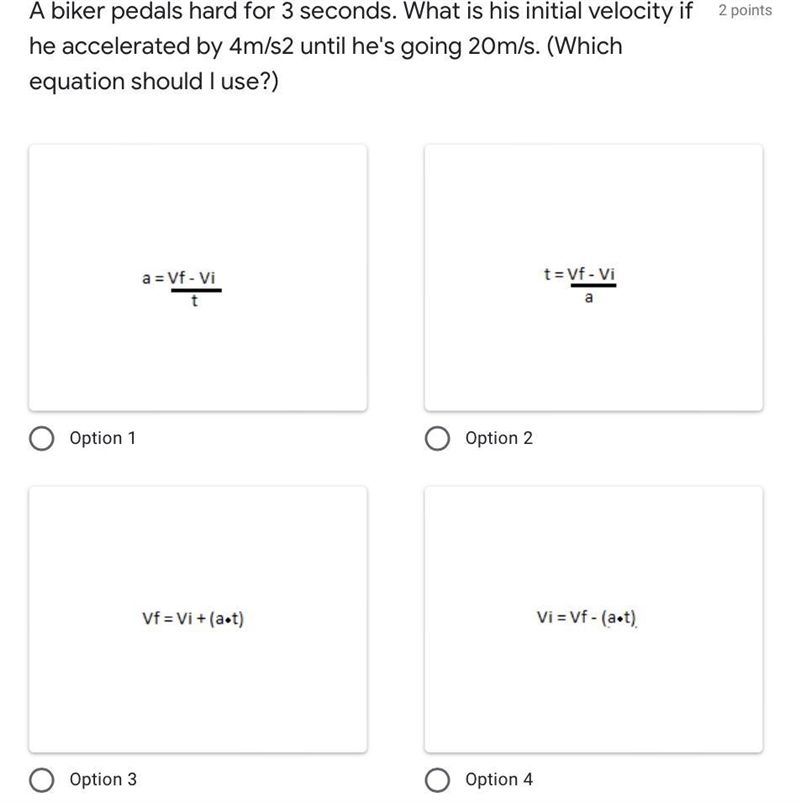 A biker pedals hard for 3 seconds. What is his initial velocity if he accelerated-example-1