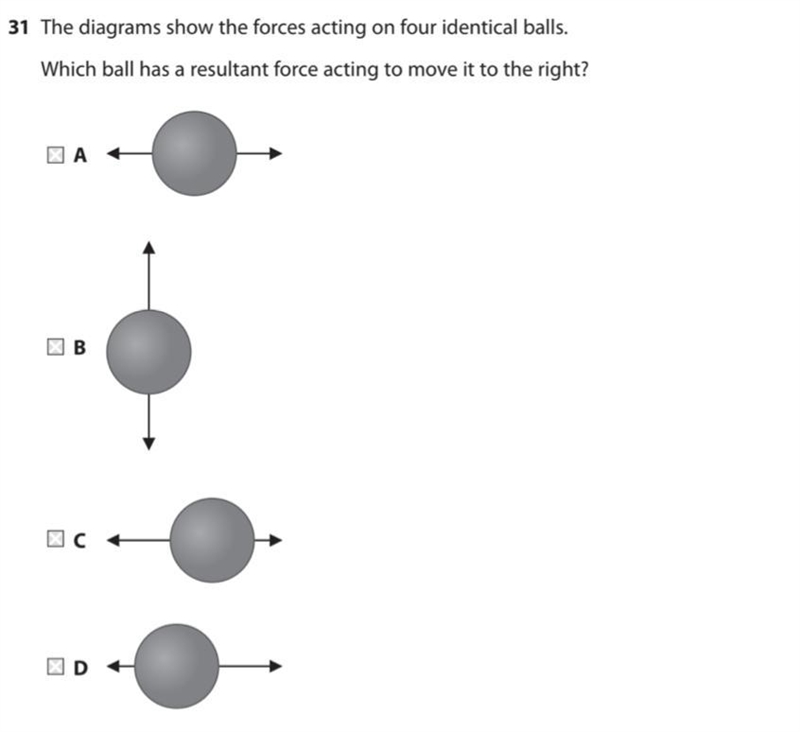 31 The diagrams show the forces acting on four identical balls. Which ball has a resultant-example-1