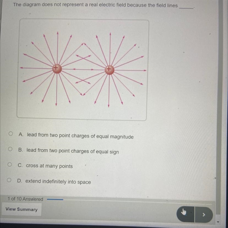 The diagram does not represent a real electric field because the field lines__ NEED-example-1