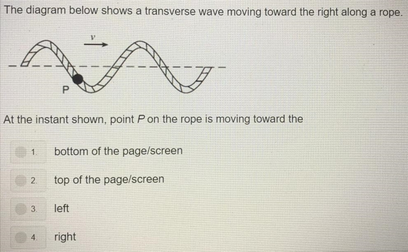 The diagram below shows a transverse wave moving toward the right along a rope. At-example-1