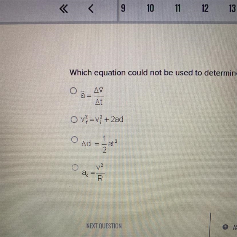 Which equation could not be used to determine straight line acceration?-example-1