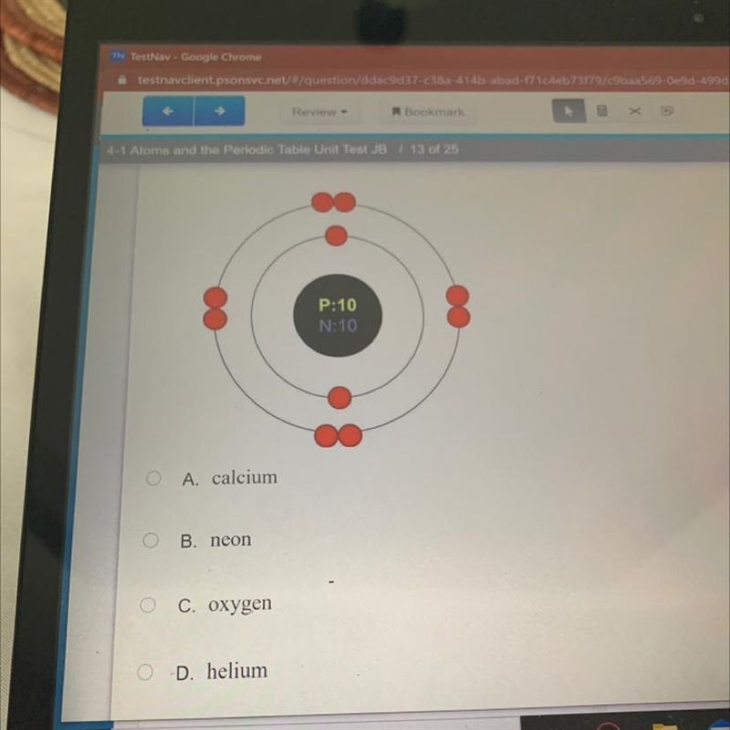 Which element is represented by the atomic model below A. Calcium B. Neon C. Oxygen-example-1