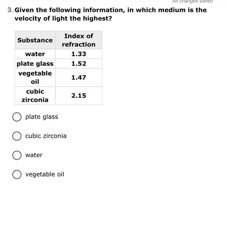 Given the following information, in which medium is the velocity of light the highest-example-1