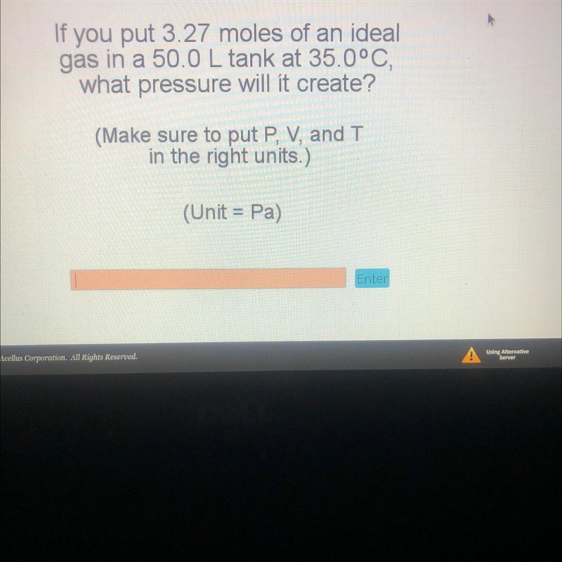 If you put 3.27 moles of an ideal gas in a 50.0 L tank at 35.0°C what pressure will-example-1