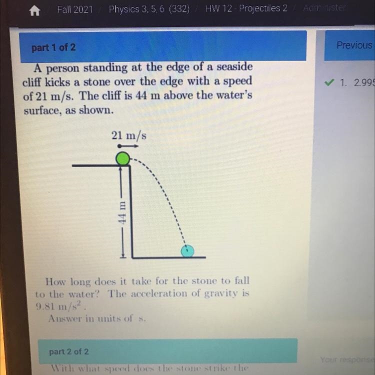 Part 2 of 2 With what speed does the stone strike the water? Answer in units of m-example-1