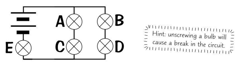 This circuit has five bulbs (A, B, C, D, and E). Select which bulbs would turn off-example-1