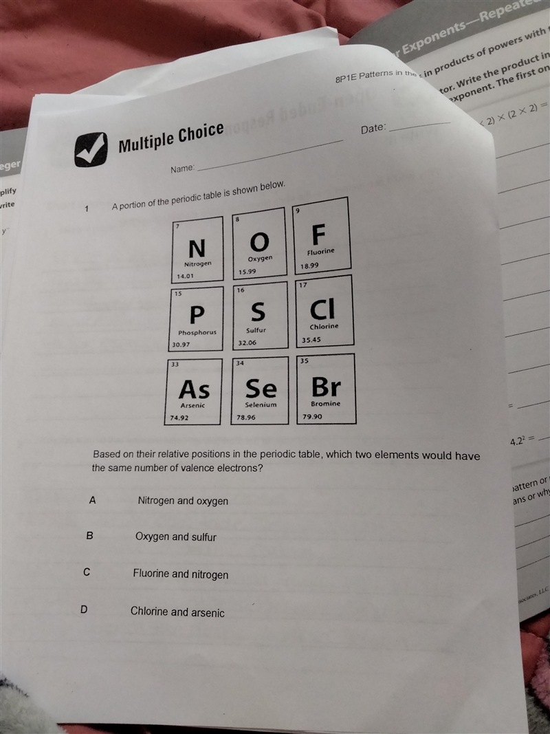 A . Nitrogen and oxygen B. Oxygen and suffer C. Fluorine and nitrogen D. Chlorine-example-1