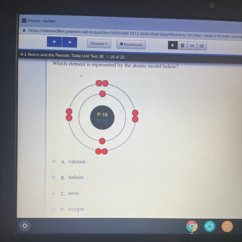 Which element is represented by the atomic model below? P:10 N:10 A. calcium B. helium-example-1