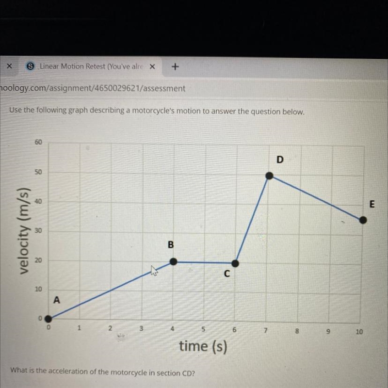 What is the acceleration of the motorcycle in section CD?-example-1