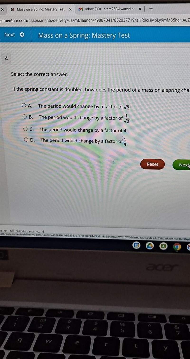 If the spring constant is doubled, how does the period of a mass on a spring change-example-1