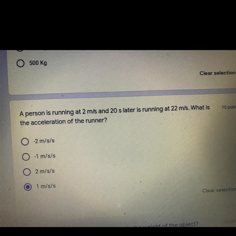 A person is running at 2 m/s and 20 s later is running at 22 m/s. What is the acceleration-example-1