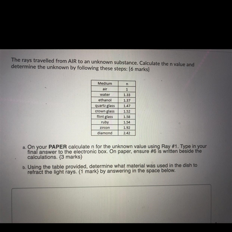 The rays travelled from AIR to an unknown substance. Calculate the n value and determine-example-1