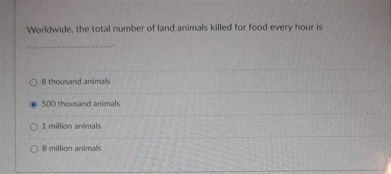 Worldwide, the total number of land animals killed for food every hour is ______. 1. 8 thousand-example-1