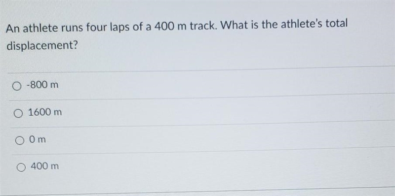 An athlete runs four laps of a 400 m track. What is the athlete's total displacement-example-1