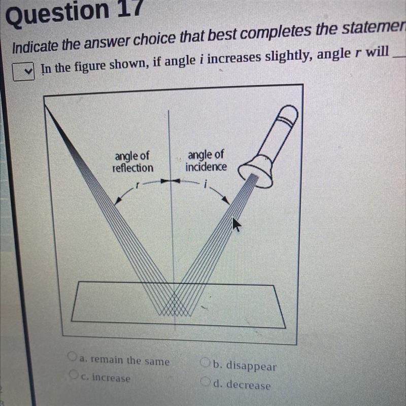 In the figure shown, if angle i increases slightly, angler will angle of reflection-example-1