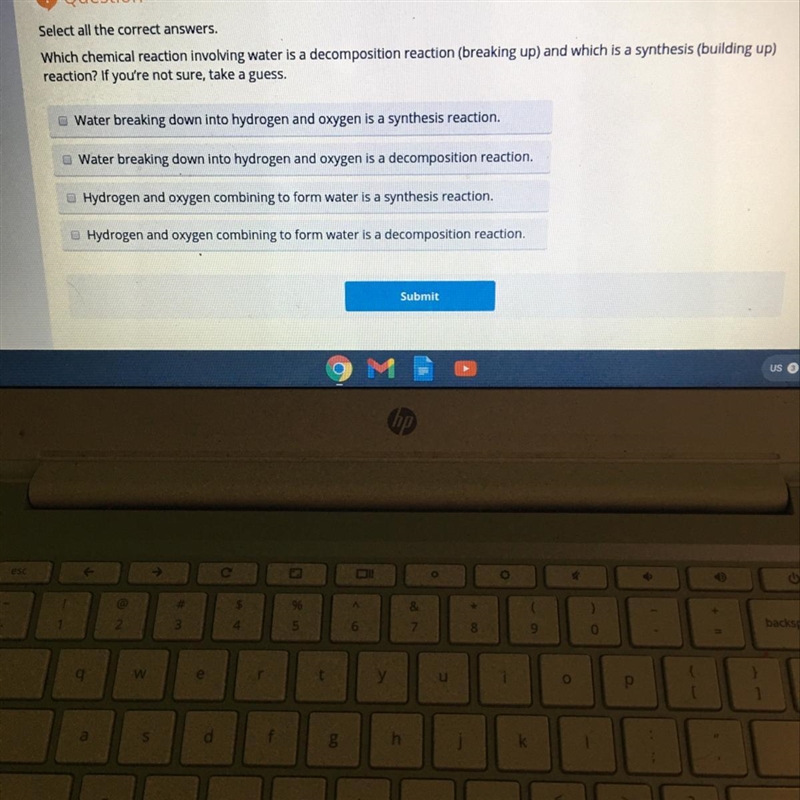 Select all the correct answers. Which chemical reaction involving water is a decomposition-example-1