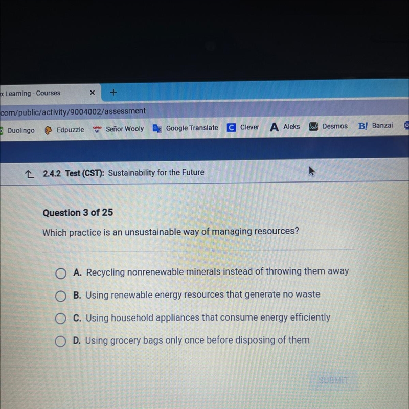 Which practice is an unsustainable way of managing resources? Please help-example-1