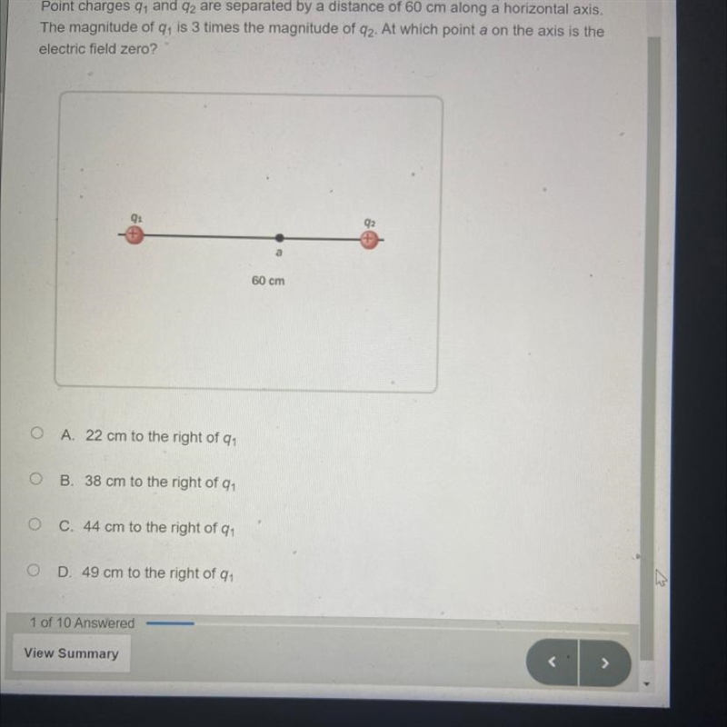 Point charges q1 and q2 are separated by a distance of 60 cm along a horizontal axis-example-1