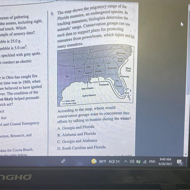 9. The map shows the migratory range of the Florida manatee, an endangered species-example-1