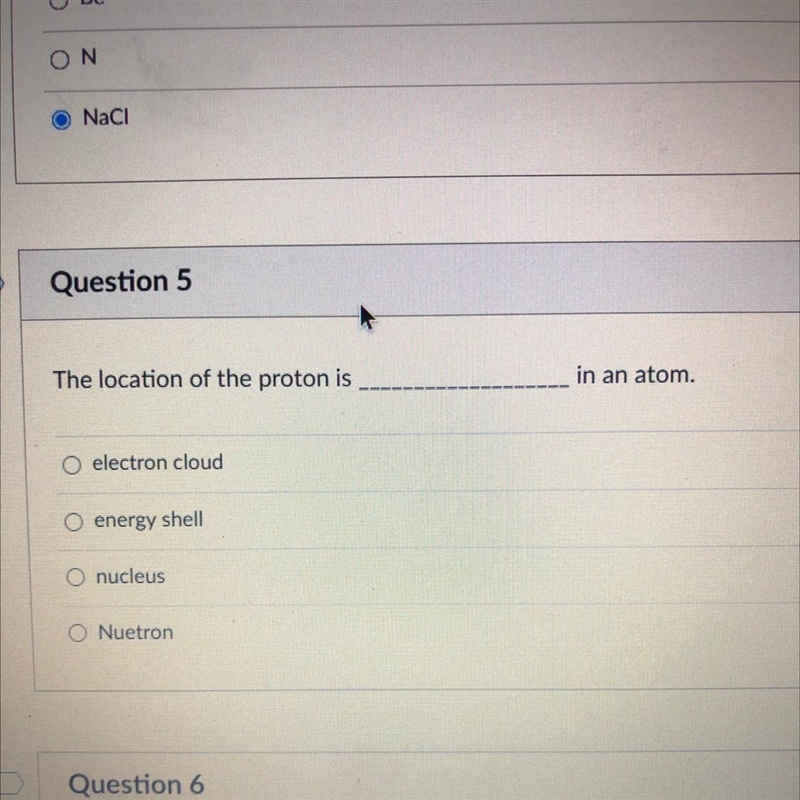 The location of the proton is ______ in an atom?-example-1