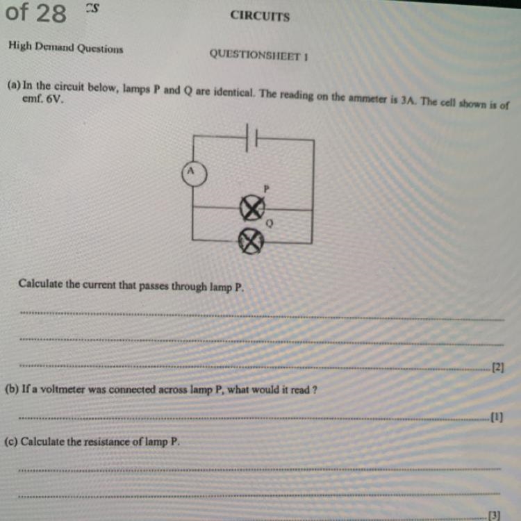 In the circuit below, lamps P and Q are identical. The reading on the ammeter is 3A-example-1