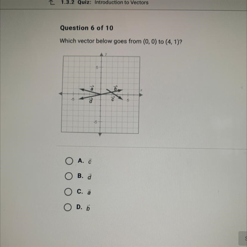 Which vector below goes from (0,0) to (4.1)? 5 -5 ਰੇ O A. B. d C. TO D. 6-example-1