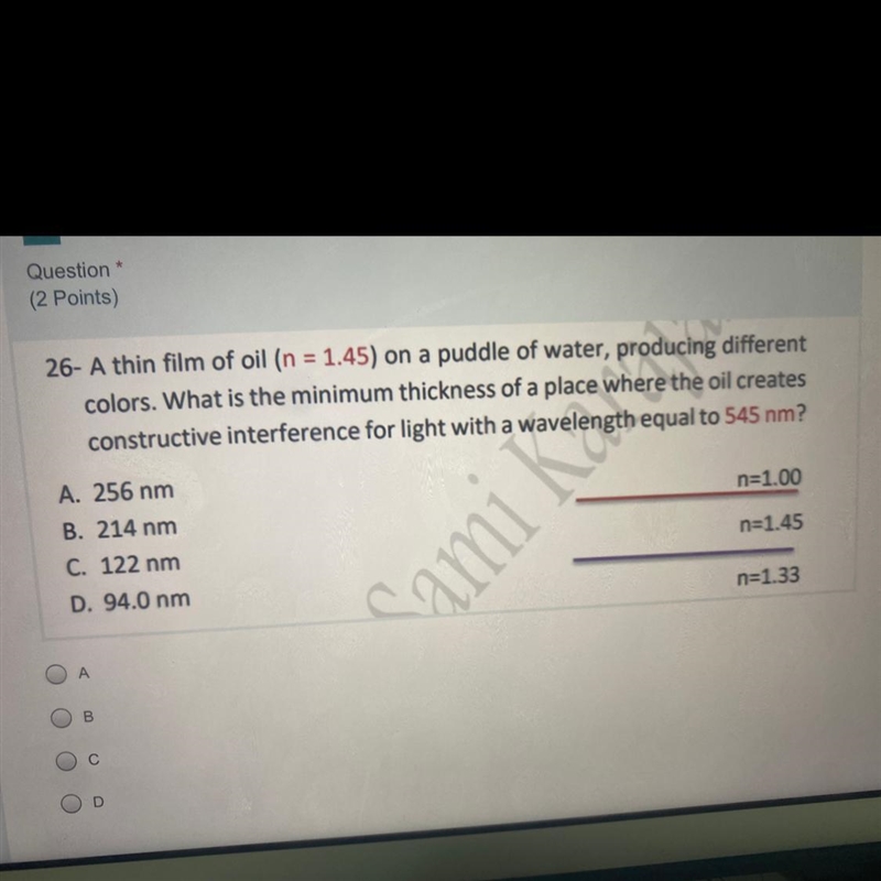 - A thin film of oil * (n = 1.45) on a puddle of water, producing different colors-example-1