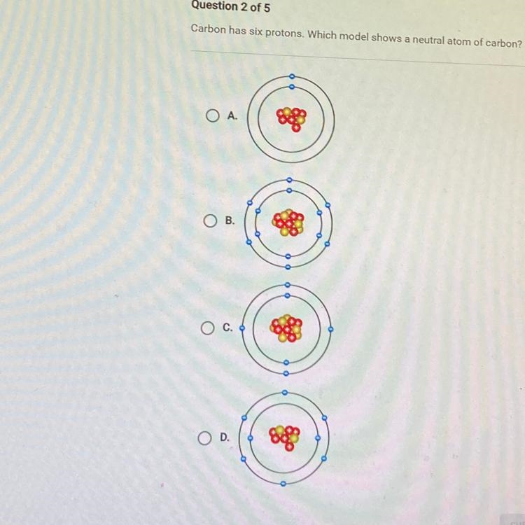 Question 2015 Carbon has six protons, which model shows a neutral atom of carbon? ОА-example-1