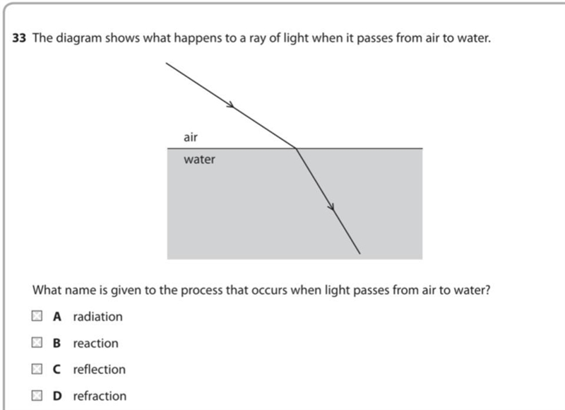 What name is given to the process that occurs when light passes from air to water-example-1