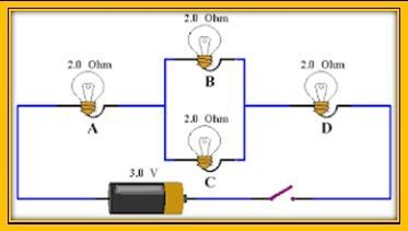 Connected to a battery that offers a d.d.p. of 3.0Volts, we have the four lamps, all-example-1