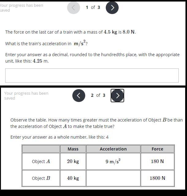 1. The force on the last car of a train with a mass of 4.5 kg is 8.0 N. What is the-example-1