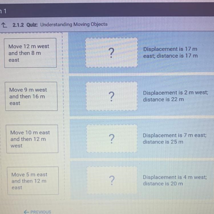 Match the following moves to the correct total distance and displacement of the moves-example-1